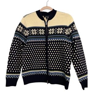 Lands End Womens Navy Blue Fair Isle Wool Blend  Zip Cardigan Sweater M 10-12